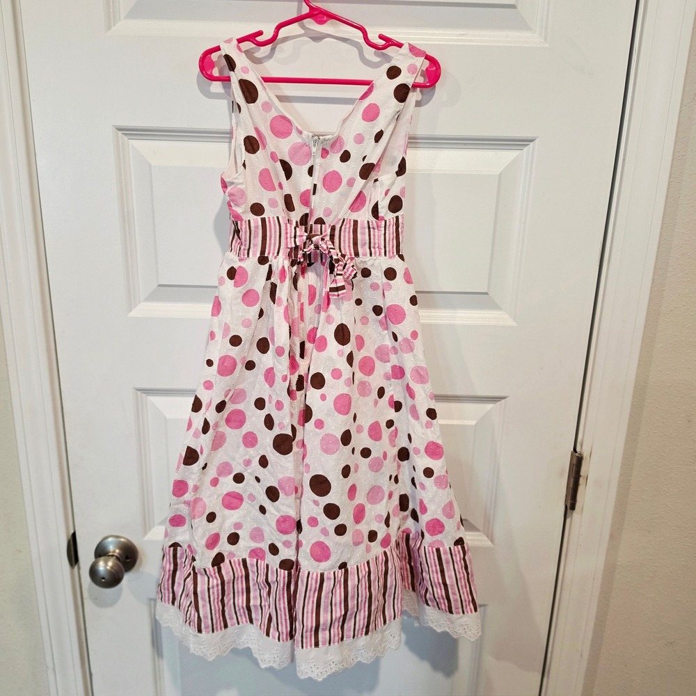 Bonnie Jean Girls Y2K Polka Dot Eyelet Lace Midi Dress Pink Brown White Size 7